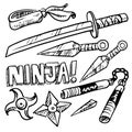 Collection set of ninja weapons, drawing on white background