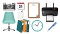 Collection set of office obejct printer clock pen clipboard memo note file folder chair calendar