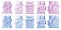 2 Collection set of pastel light blue purple blank blanket, pillows duvet bedding king queen single bed top on transparent, PNG Royalty Free Stock Photo