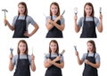 Collection set of portrait of a worker woman or Servicewoman in Gray shirt and apron is holding tools on white background