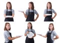 Collection set of portrait of waitress, delivery woman or Servicewoman in Gray shirt and apron isolated on white background