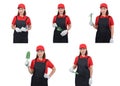 Collection set of portrait of a worker woman or Servicewoman in Red shirt and apron is holding Shovel for Cultivators on white