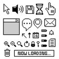 Collection set of retro game 8 bit pixel icon symbol, black and white color Royalty Free Stock Photo