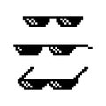 Collection set of retro game 8 bit pixel thug life sun glasses, black and white color