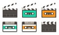 Collection set of 80s 90s music audio cassette tape and movie clapper objects icons vector illustration in retro hipster Royalty Free Stock Photo