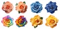 Collection set of salmon pink blue rainbow yellow stalk of rose roses flower floral top view on transparent background cutout, PNG Royalty Free Stock Photo