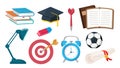 Collection set of school study object book desk lamp eraser alarm clock dart soccer bachelor cap certificate roll