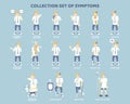 Collection set of symptoms with man such as coughing, vomiting, stomach ache, headache, patient with iv stand, disease health care Royalty Free Stock Photo