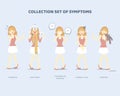 Collection set of symptoms with woman such as sneezing, coughing, vomiting, high fever, stomach ache, headache,health care concept Royalty Free Stock Photo
