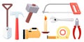 Collection set of tool objects shovel hammer saw roller tape flashlight pliers wrench candle