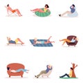 The set of various men and women relax sitting and lying on different chairs. Vector illustration in flat cartoon style.