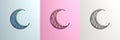 Collection set of various minimal crescent moon paper cut lantern on pink, blue, gradient, white background.