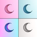 Collection set of various minimal crescent moon paper cut on pink, blue, gradient, white background.