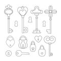 Collection set of vintage decorative skeleton keys and locks vector illustration. Black outline icon isolated on white background Royalty Free Stock Photo