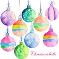 Collection (set) of watercolor colored Christmas decorations (balls)