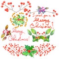 Collection (set) with watercolor floral Christmas elements of decoration Royalty Free Stock Photo