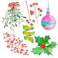 Collection (set) with watercolor floral Christmas elements of decoration Royalty Free Stock Photo