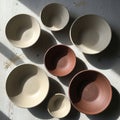 A collection of seven ceramic bowls of various sizes is arranged on a Royalty Free Stock Photo