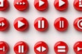 Set of shiny red inset Control Button Icons for white or gray backgrounds. Royalty Free Stock Photo
