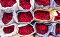 Collection of several bouquets of fresh red rose flowers