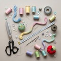 A collection of sewing tools and materials is artistically arranged Royalty Free Stock Photo