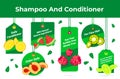 Collection shampoo and conditioner with natural ingredients tag on rope vector flat illustration