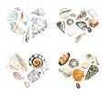 Heart of seashells. Watercolor hand drawn illustration