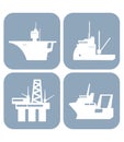 Collection of ship icons. Aircraft carrier, ofshore ship, oil rig, fishing factory vessel Royalty Free Stock Photo