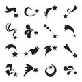 Collection of shooting star icons isolated on a white background