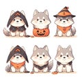 collection of Siberian Huskey wearing pumkin hat and Halloween cloak character stickers, on white background, Chibi cute style, Royalty Free Stock Photo