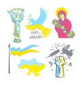 Collection of signs of Ukrainian heroic resistance to Russian military aggression, set vector illustration