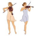 Collection. Silhouette of a beautiful woman with a violin in a modern continuous line style. Girl violinist, slender