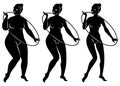 Collection. Silhouette of a cute lady, she is engaged in rhythmic gymnastics with a hoop. The woman is overweight and a slender