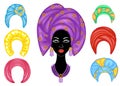 Collection. Silhouette of a head of a sweet lady. A bright shawl, a turban is tied on the head of an African-American girl. The