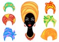 Collection. Silhouette of a head of a sweet lady. A bright shawl, a turban is tied on the head of an African-American girl. The