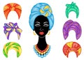 Collection. Silhouette of a head of a sweet lady. A bright shawl, a turban is tied on the head of an African-American girl. The