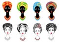 Collection. Silhouette of a head of a sweet lady. A bright shawl, a turban is tied on the head of an African-American girl. The