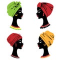 Collection. Silhouette of a head of a sweet lady. A bright shawl, a turban is tied on the head of an African-American girl. The