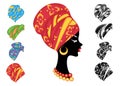 Collection. Silhouette of a head of a sweet lady. A bright shawl, a turban, tied to the head of an African-American girl. The