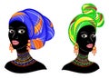 Collection. Silhouette of a head of a sweet lady. A bright shawl, a turban, tied to the head of an African-American girl. The