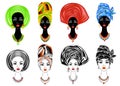 Collection. Silhouette of a head of a sweet lady. A bright shawl, a turban, tied to the head of an African-American girl. The