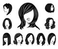 Collection. Silhouette of a head of a sweet lady. A girl shows a hairstyle of a woman on long, medium and short hair. Suitable for Royalty Free Stock Photo