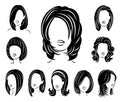 Collection. Silhouette of a head of a sweet lady. A girl shows a hairstyle of a woman on long, medium and short hair. Suitable for Royalty Free Stock Photo