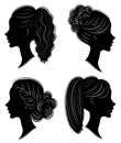 Collection. Silhouette of the head of a sweet lady. Pretty girl shows beautiful female hairstyle on medium and long hair. Suitable