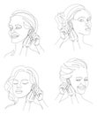 Collection. Silhouette of a lady. The woman puts an earring in her ear. Modern style drawing with one solid line and leaves. Sketc