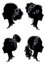 Collection. Silhouette profile of a cute lady s head. The girl has a haircut tail for long beautiful hair, decorated with flowers Royalty Free Stock Photo