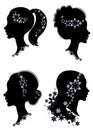 Collection. Silhouette profile of a cute lady s head. The girl has a haircut tail for long beautiful hair, decorated with flowers Royalty Free Stock Photo