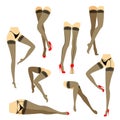 Collection. Silhouette of slender beautiful female legs. The lady is in different poses. Girls dressed in fashionable stockings Royalty Free Stock Photo