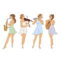 Collection. Silhouette of woman with guitar, violin, saxophone flute in modern continuous line style. Beautiful girl