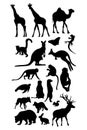 Collection silhouettes animals. Vector illustration. Isolated hand drawings tropical African giraffe, meerkat, monkey
